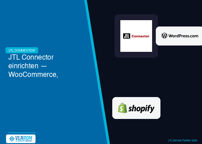 jtl-connector-einrichtung-hero-rightpane JTL Connector Logo links, WooCommerce und Shopify Logos rechts, Verbindungspfeil in der Mitte