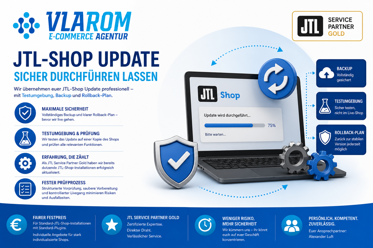 JTL-Shop Update sicher durchführen lassen — Vlarom E-Commerce Agentur, JTL Service Partner Gold