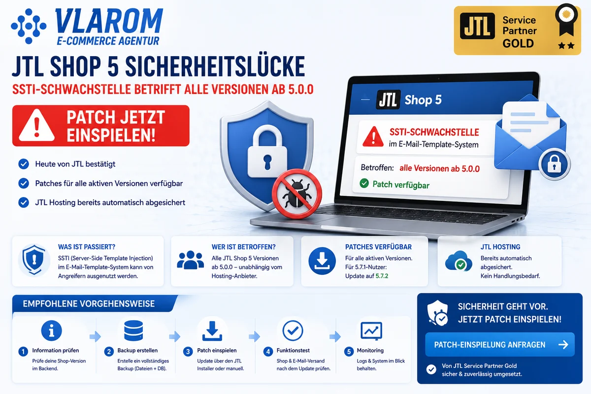 JTL Shop 5 Sicherheitslücke — SSTI-Schwachstelle betrifft alle Versionen ab 5.0.0, Patch auf 5.7.2 einspielen