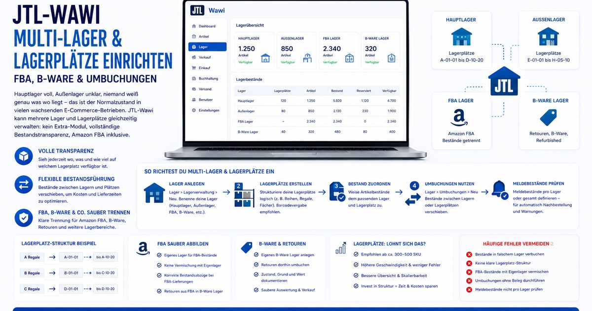 JTL-Wawi Multi-Lager und Lagerplätze einrichten – FBA, B-Ware & Umbuchungen Infografik