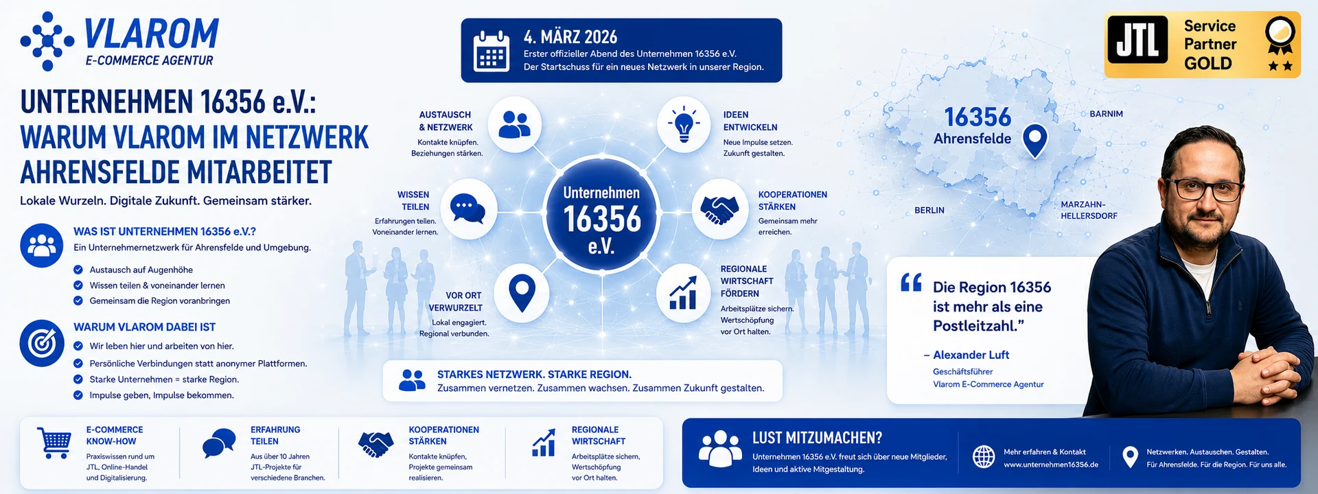 Vlarom E-Commerce Agentur — Mitglied im Unternehmernetzwerk Ahrensfelde, Unternehmen 16356 e.V. Infografik mit Netzwerkübersicht und Alexander Luft