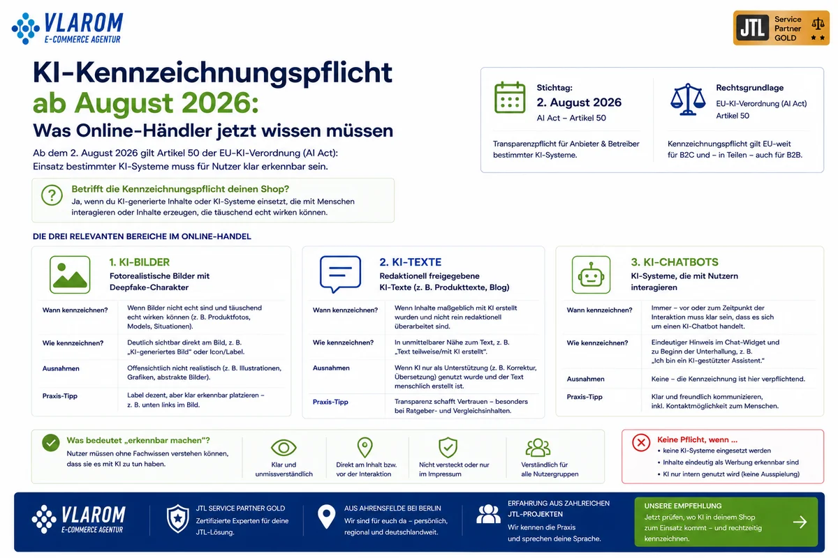 Vlarom-Infografik zur KI-Kennzeichnungspflicht ab 2. August 2026 (EU AI Act Artikel 50): Regeln für KI-Bilder, KI-Texte und KI-Chatbots im Online-Handel