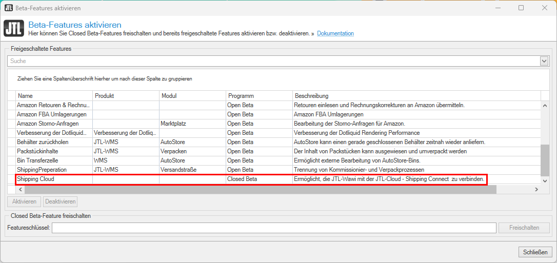 Beta-Feature JTL.WAWI.ShippingCloud im JTL-Kundenkonto aktivieren